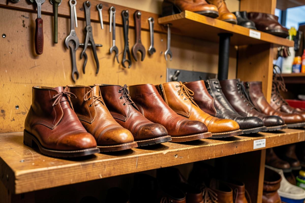 Shelf of restored leather boots and shoes in the Joannavero Co. McKinney workshop