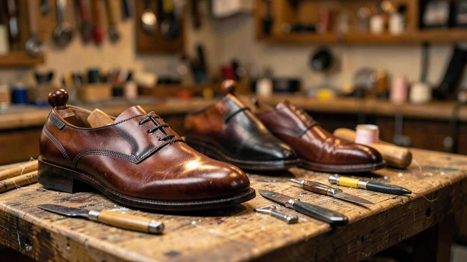 Restored leather shoes and cobbler hand tools on a workbench at Joannavero Co. in McKinney, Texas