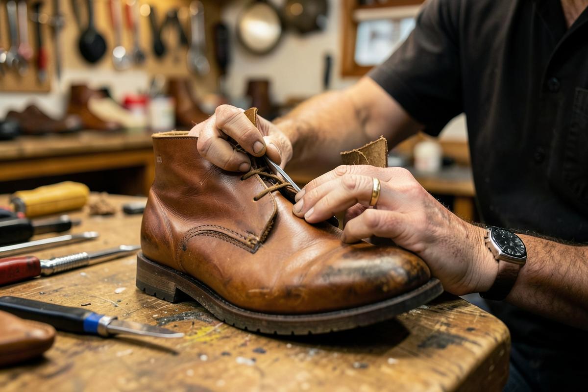 Cobbler stitching the upper of a brown leather boot at the Joannavero Co. workbench